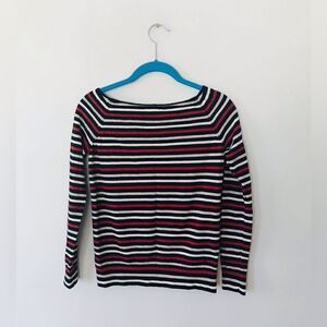 Theory | red, cream, and blue striped boat neck merino wool sweater | small